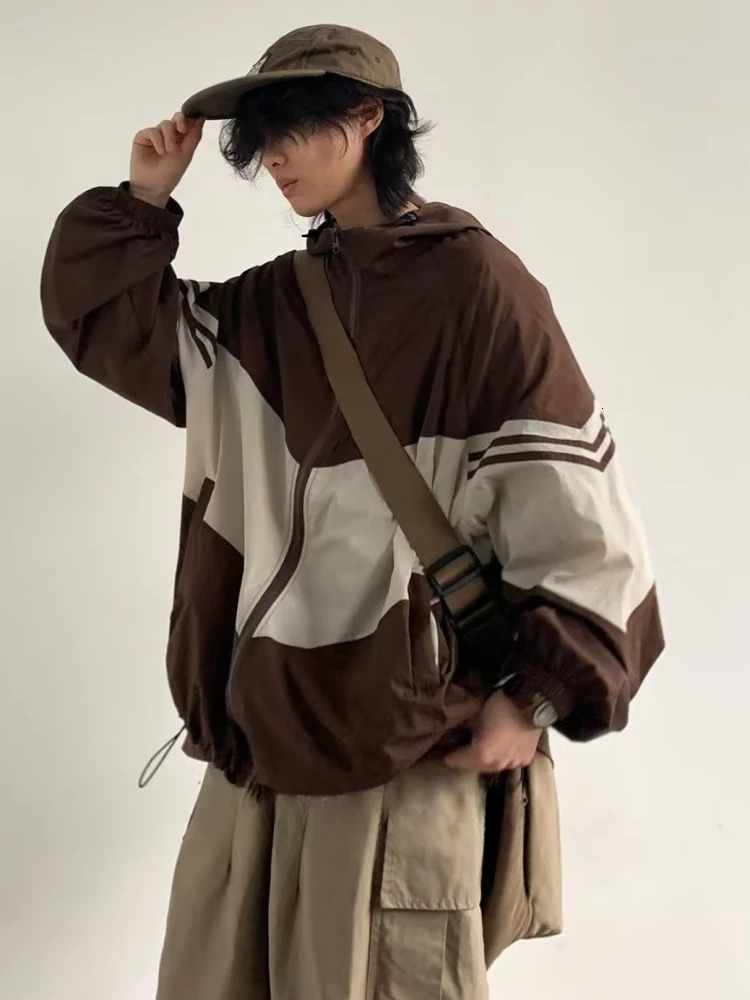 Mens jacket hoodie pocket patch color scheme is fashionable comfortable waterproof casual retro Japanese style fashionable 241214