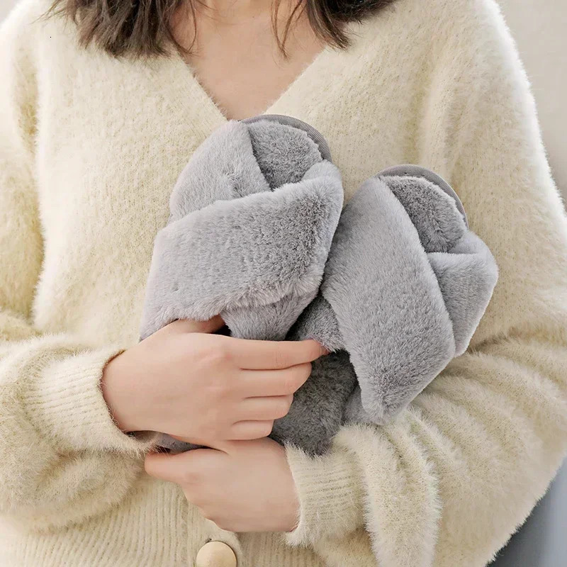 Winter Women House Slippers Faux Fur Fashion Warm Shoes Woman Slip on Flats Female Slides Black Pink cozy home furry slippers 241214