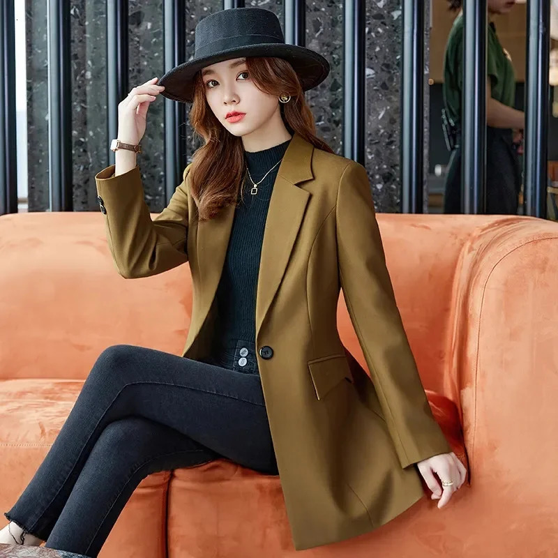 Autumn Winter Ladies Mid Long Blazer Women Single Button Black Purple Female Casual Jacket Coat Office Outerwear 241209