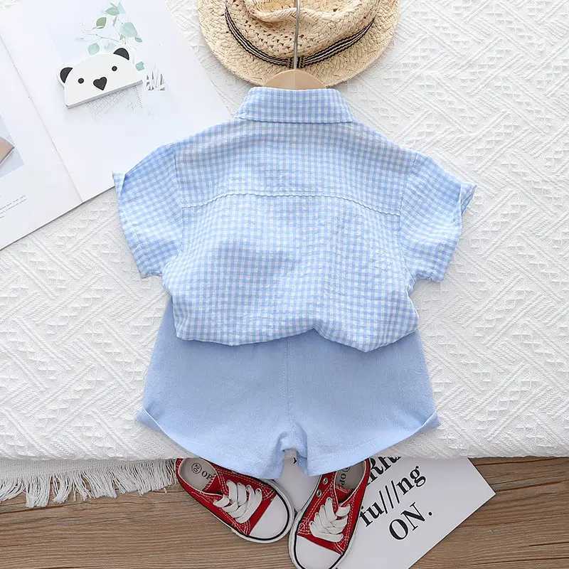 Clothing Sets Summer Casual Baby Boy Toddler Causal ClothesPlaid Shirt Tops Pants 2Pcs/Set With Tie Cotton Kids Outfits Clothing Suit H241214