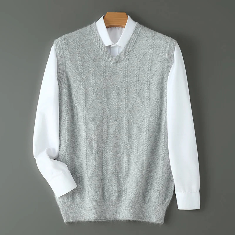 AutumnWinter Waistcoat Mens VNeck 100%Pure Mink Cashmere Vest Knitted Pullover Sweater Youth Business Loose Sleeveless Jacket 241209