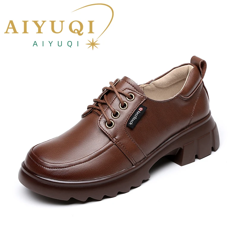 AIYUQI Women's Loafers Genuine Leather Fall Vintage Ladies Shoes British Style Lace-Up Shoes Women