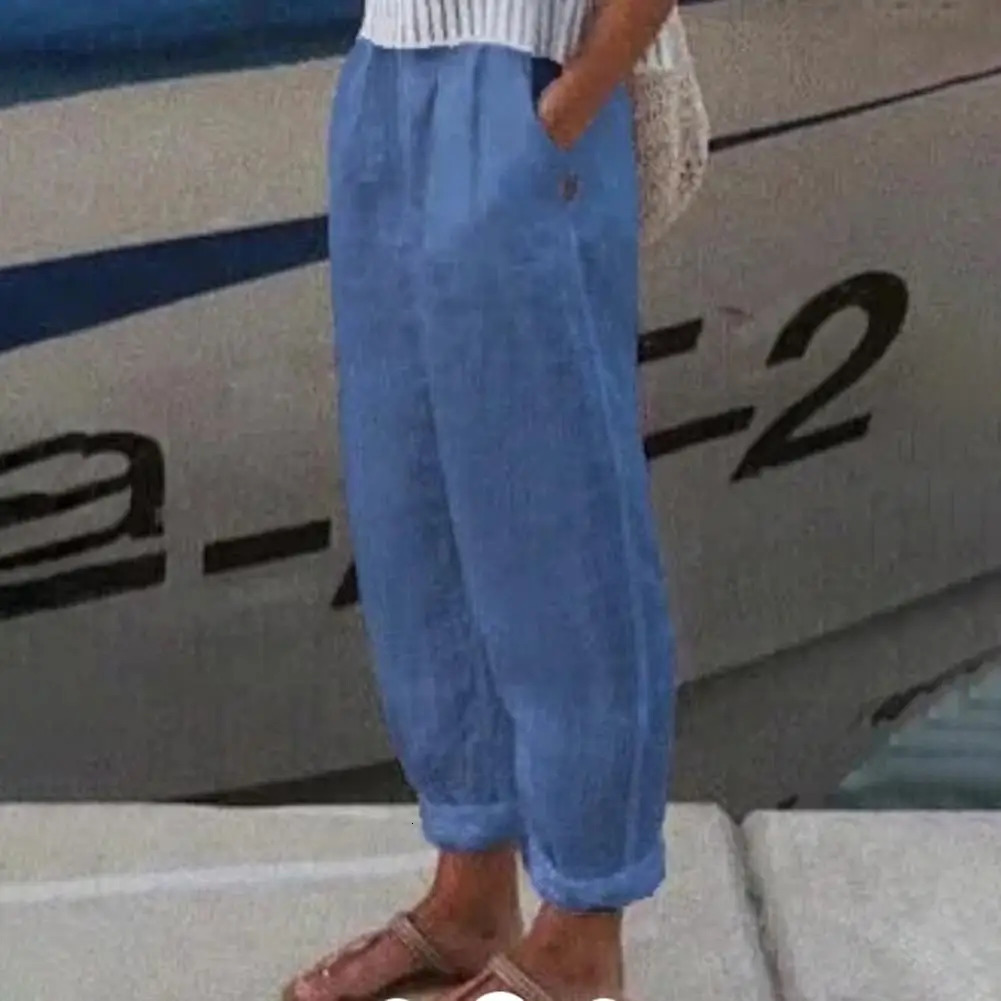 Cotton Flax Women Harem Pants Solid Color Pockets Summer Elastic Waist Baggy Pure Sweatpants Elegant Casual 241212