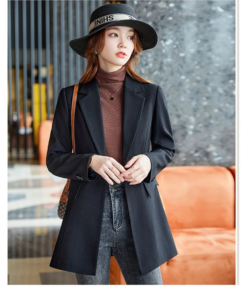 Autumn Winter Ladies Mid Long Blazer Women Single Button Black Purple Female Casual Jacket Coat Office Outerwear 241209