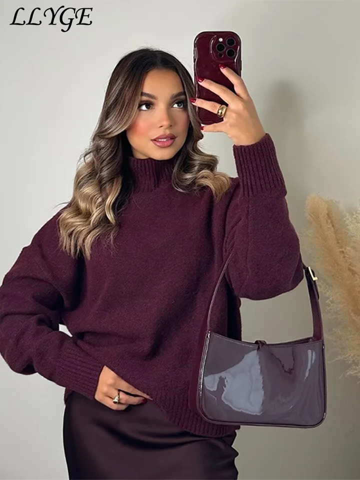Retro womens Burgundy turtle neck sweater casual long sleeved thick pullout 2024 winter comfortable fully matched knit 241211
