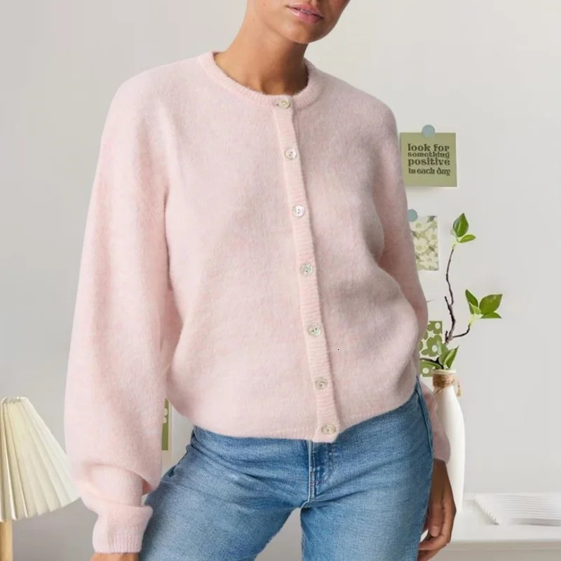 Xingqing Women Sweaters y2k Clothes Solid Color Round Neck Single Breasted Long Sleeve Knitted Cardigan Tops 2000s Streetwear 241214