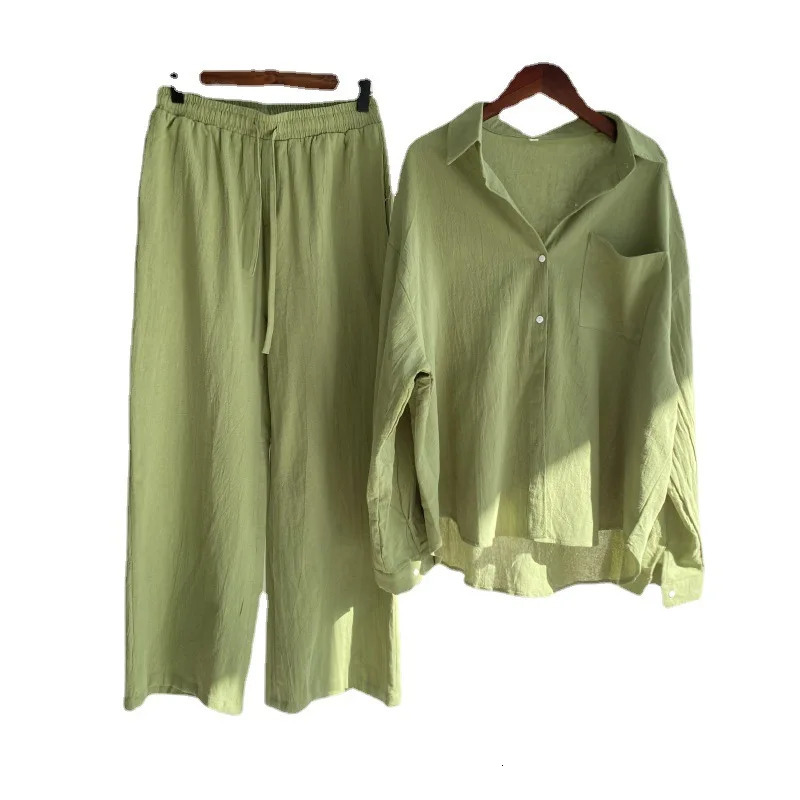 Fashion Leisure Womens 2piece Set Vintage Plus Size 2024 Cotton Hemp Lapel Top and Pants 241203