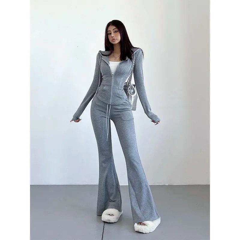 Two Piece Womens Clothing Casual Set Solid Color Slim Fit Zipper Hoodie Y2k Fashionable High Waist Weight Loss Flame Pants 241214
