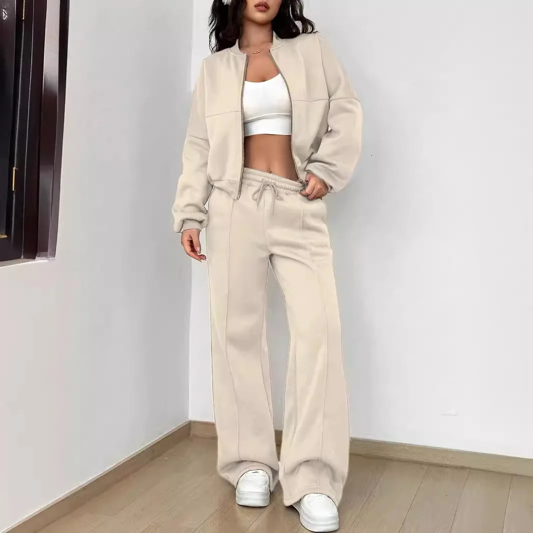 Grey Bomber Jacket Pant Women 2 Pieces Set Casual Long Sleeve Zipper Coat Solid Sweatshirt Trousers Suit Fall Sportwear 241203