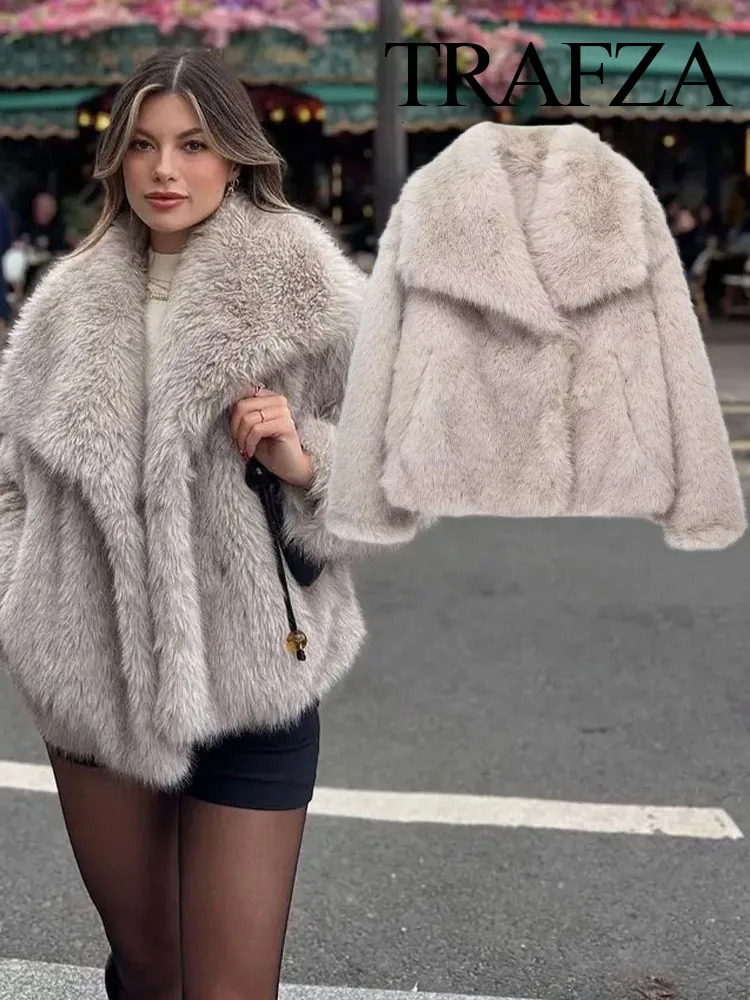 TRAFZA Warm Fluffy Artificial Fur Long Sleeve Coat for Womens Casual Loose Collar Coat Street Coat Winter Jacket Top 241214