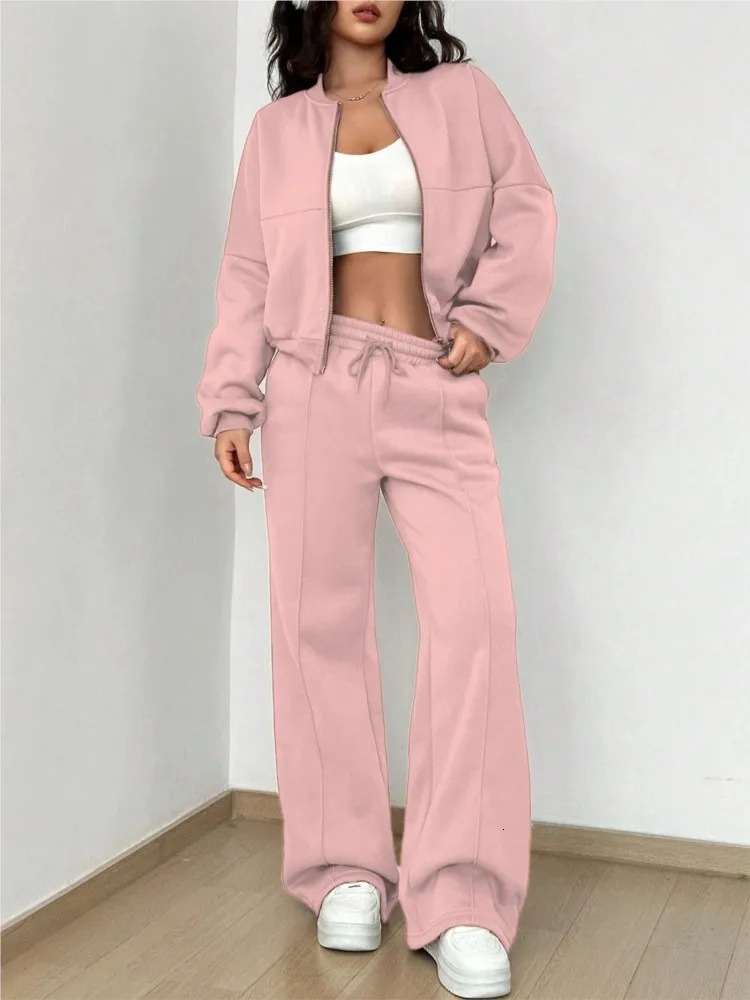 Fashion Long-sleeved Cardigan Zipper Top Wide-leg Pants 2-piece Set Women Autumn Elegant Solid Color Elastic Female Suit Y2K 241214