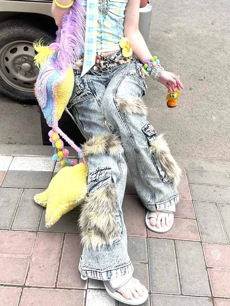 Y2k Trendy Furry Splicing Baggy Cargo Pants Women Retro High Waistsd New Spicy Multi-pocket Haruku Hip-hop Fashion Jeans
