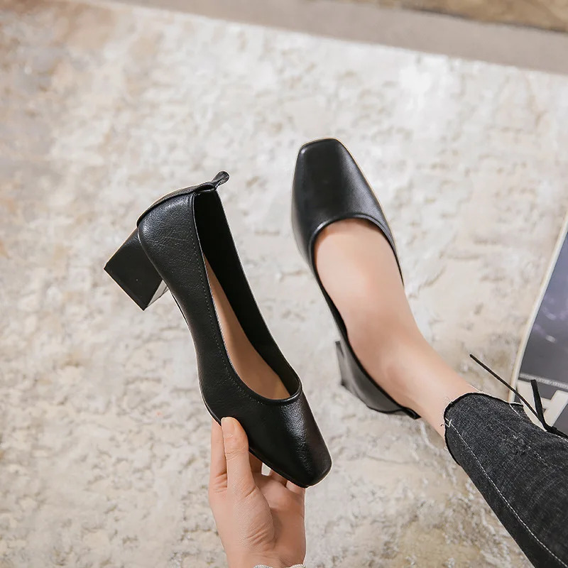 Womens Spring Elegant Square Toes Shallow Casual Walking Mary Jens Female Black er 4CM High Heels Fetish Girls Work Shoes 241213