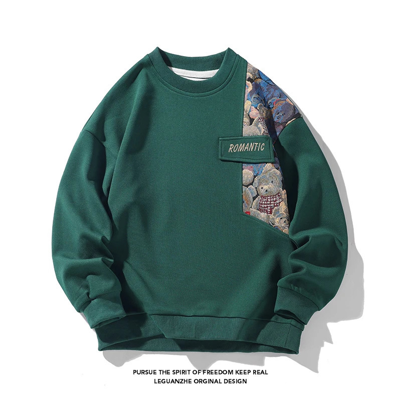 autumn mens drawstring sweatshirt with Harajuku embroidery bear pattern loose casual round neck sweatshirt unisex fashion hoodie 241214