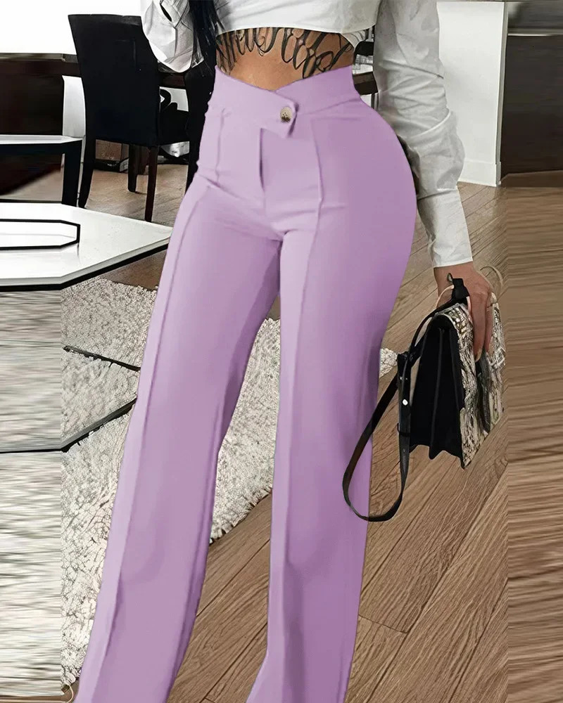 Womens pants wide leg zipper fly slim fit flat office womens pockets high waist autumn 2023 ankle length solid color 241212