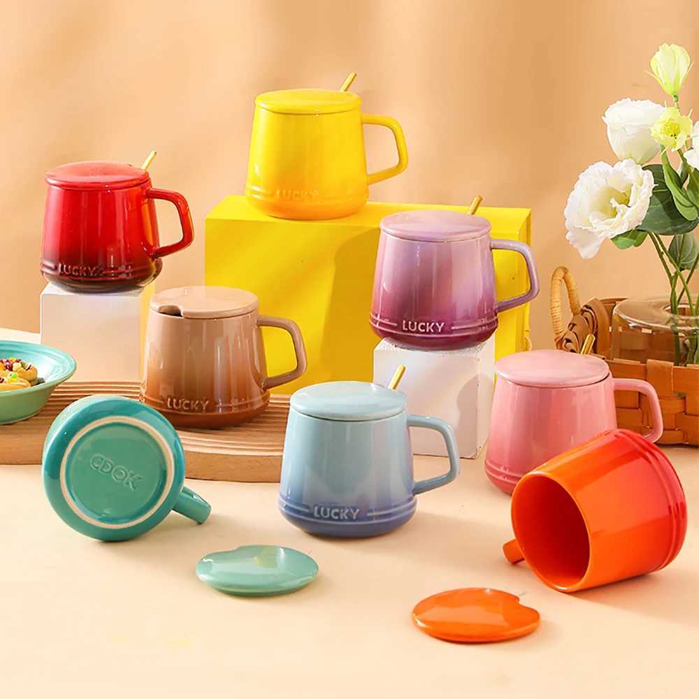 350ml French gradient ceramic creative home cup with lid spoon coffee cup large capacity couple beverage cup Y241214