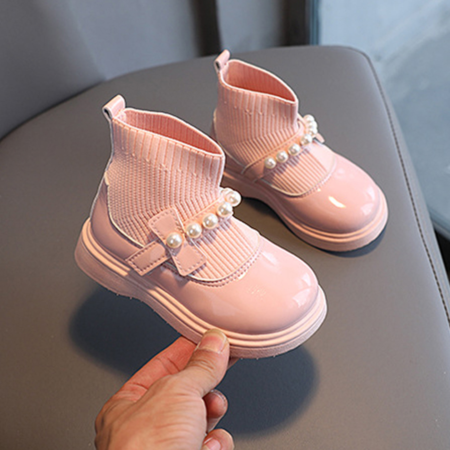 Baby Girls Princess Boots Sock Shoes Children Casual Toddlers Kids Autumn Winter Leather Shoes Happysteps with Pearls Beading Sizes 21-30