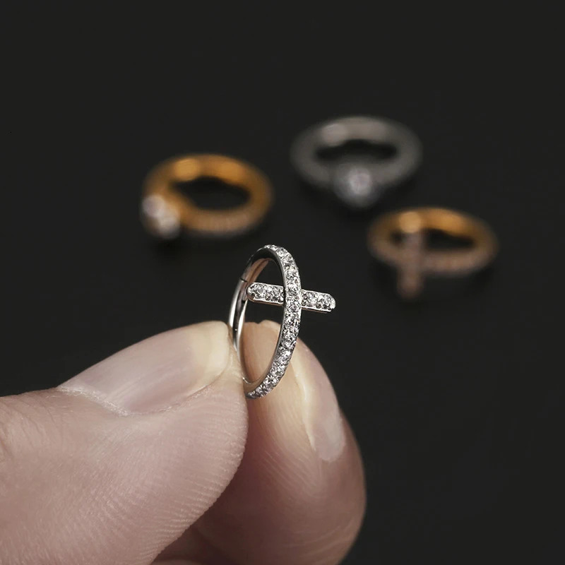 1PC G23 Piercing Conch Cartilage Earring Clicker Nose Ring Hinged Segment Hoop Ear Clip Cross Zircon Piercing Jewelry 241214