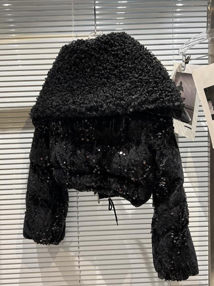 Winter New High-Quality Temperament Fashion Tweed Navy Collar Sequined Loose Long Sleeves Short Cotton Jacket 11P0430