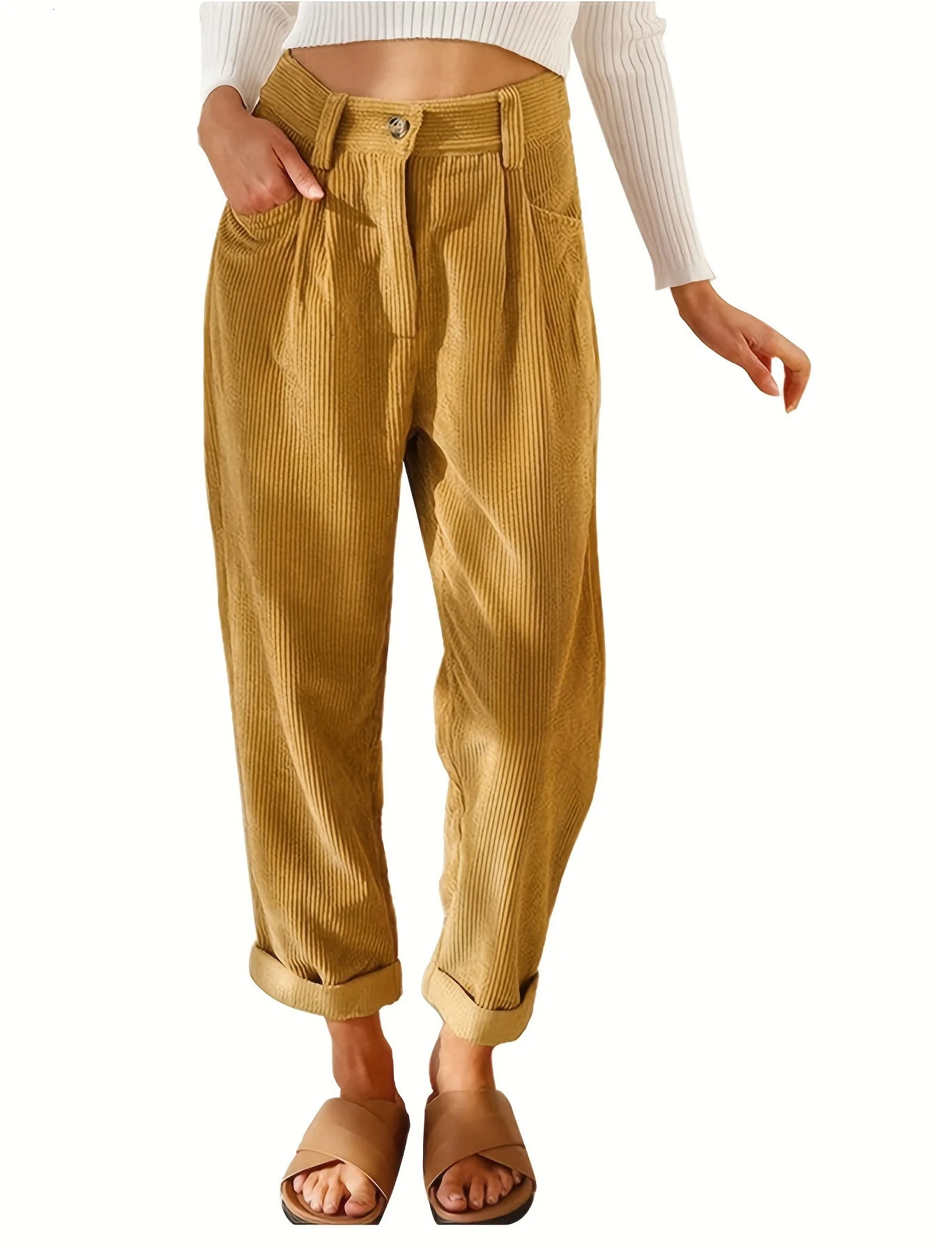 Corduroy High Waist Pants elegant double pocket pants spring and summer womens clothing 241212