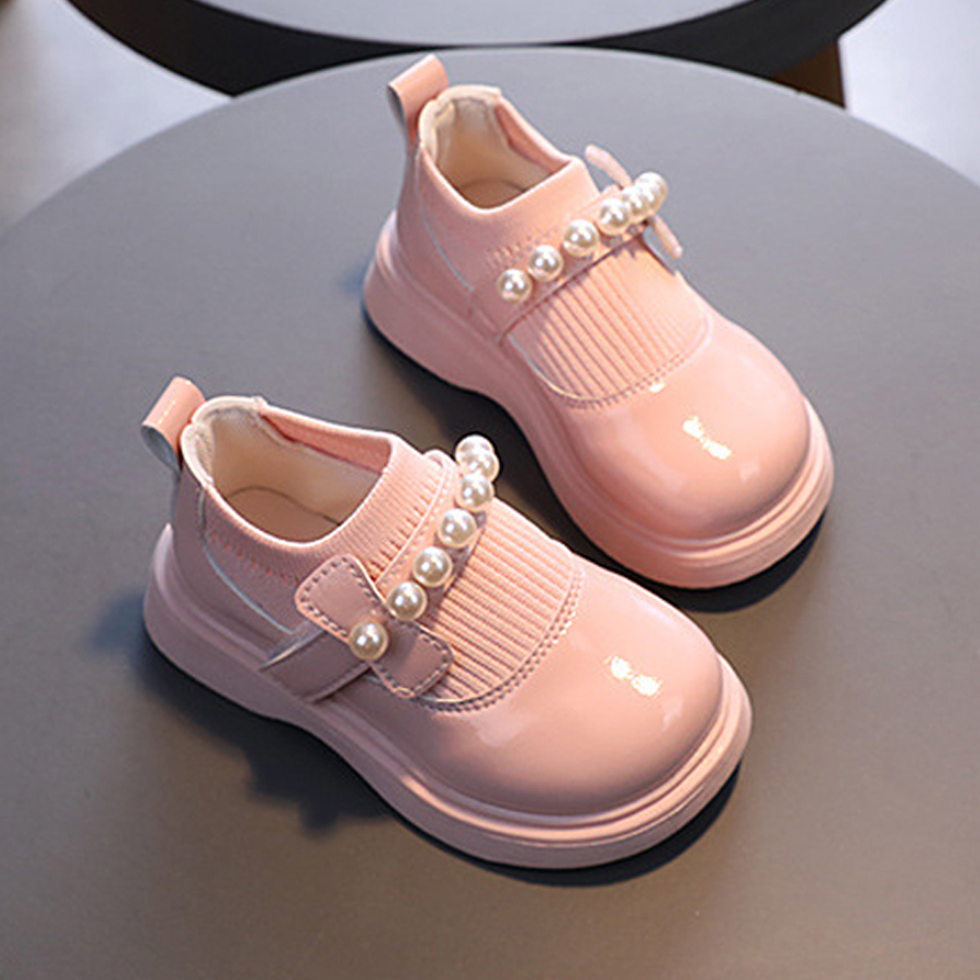 Children's Girl Baby Leather Shoes Pearl Beaded Fashion Princess Round Toe Heightening Happysteps Casual Comfortable Student Shoes Sizes 21-30
