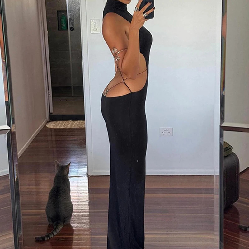 Sexy backless black Maxi womens summer sleeveless elegant body suspender long dress casual party vest 241212