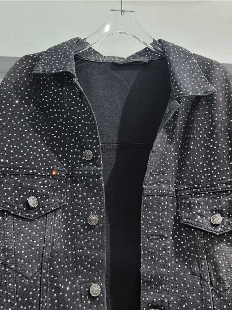 Korean black full set diamond denim womens jacket loose retro washed single bra 2024 spring U8797 241209