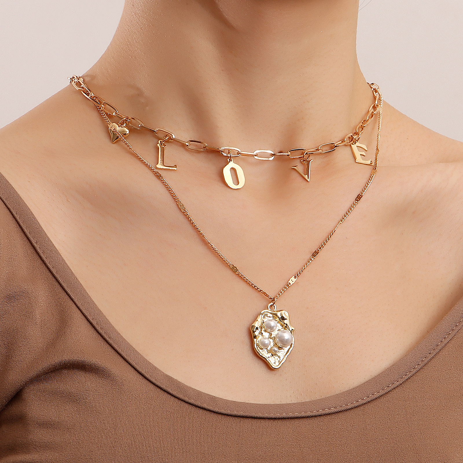 Minimalist LOVE Letter Layered Necklace with Pearl Pendant - European Metal Style Jewelry 2025 New In Stainless Steel Gold Plated Pearl Leaf Pendant Y
