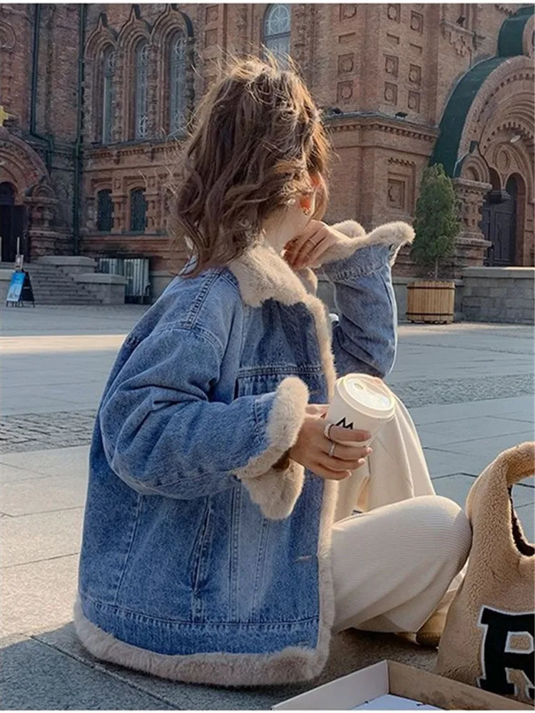 Korean Fashion Warm Wool Jeans 2024 Thick Plus Velvet Winter Coat Casual Lining Oversized Denim 241211