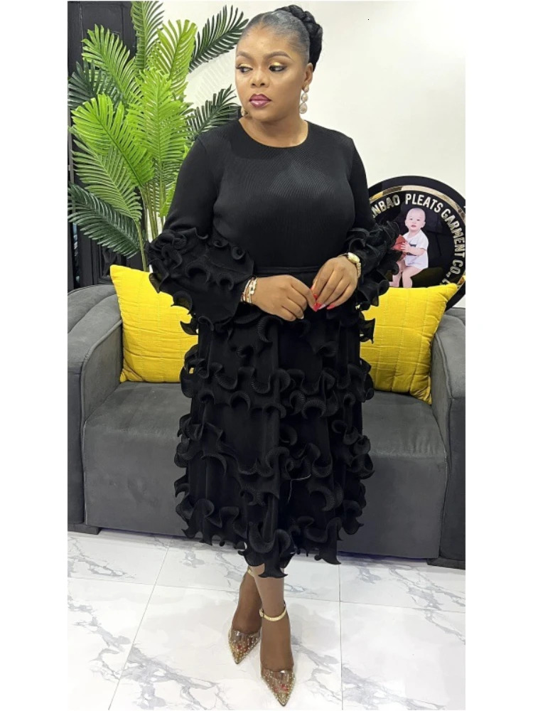 EGRM Belt Pleated Miyake Dress Fashion Round Neck Long Sleeves Fungus Spliced Solid Elegant Dresses For Women New 5Gr2974