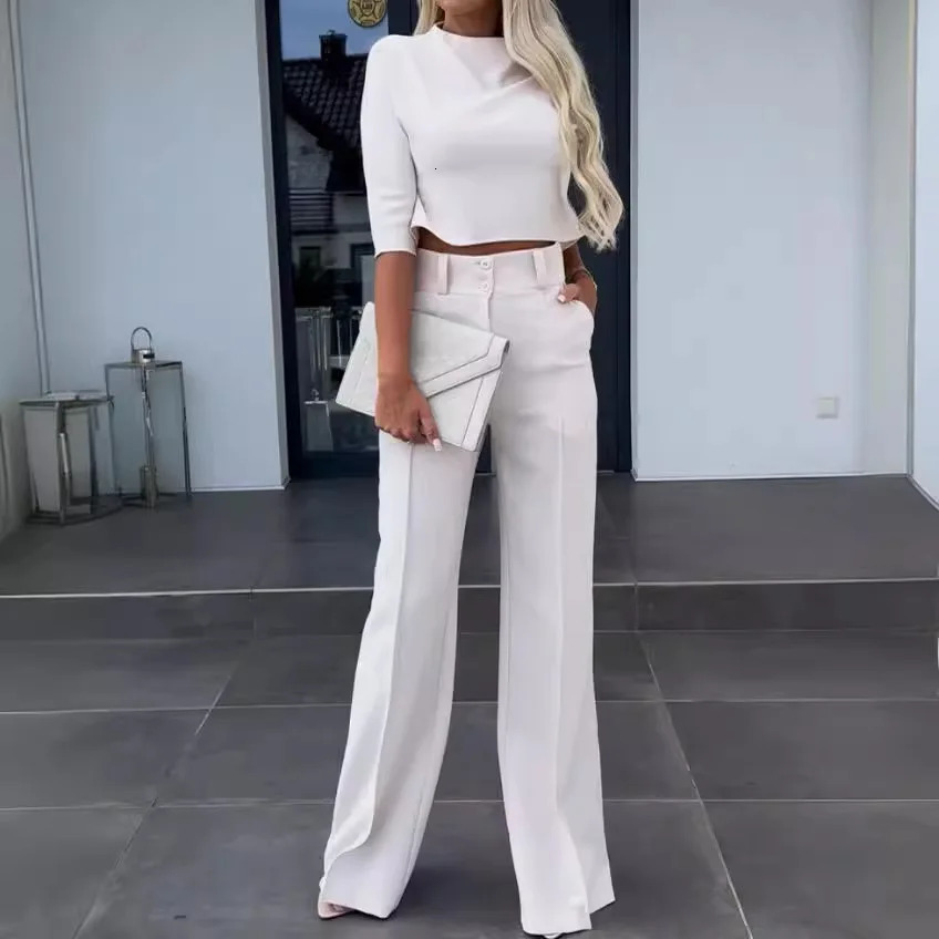 Summer Autumn Elegant Womens Temperament Top Round Neck Seven Quarter Sleeve Head Solid Color Top Wide Leg Pants Two-piece Set 241214