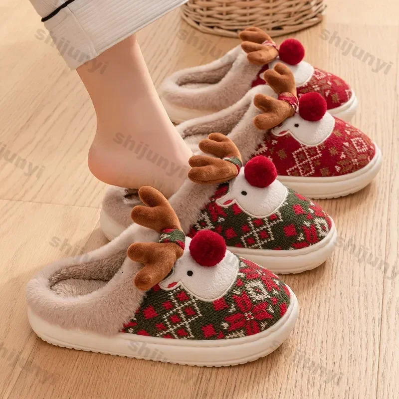 Christmas Women Slippers Winter Davids Deer Home Couple Warm Non Slip Plush Cotton Thick Soled Floor 241214