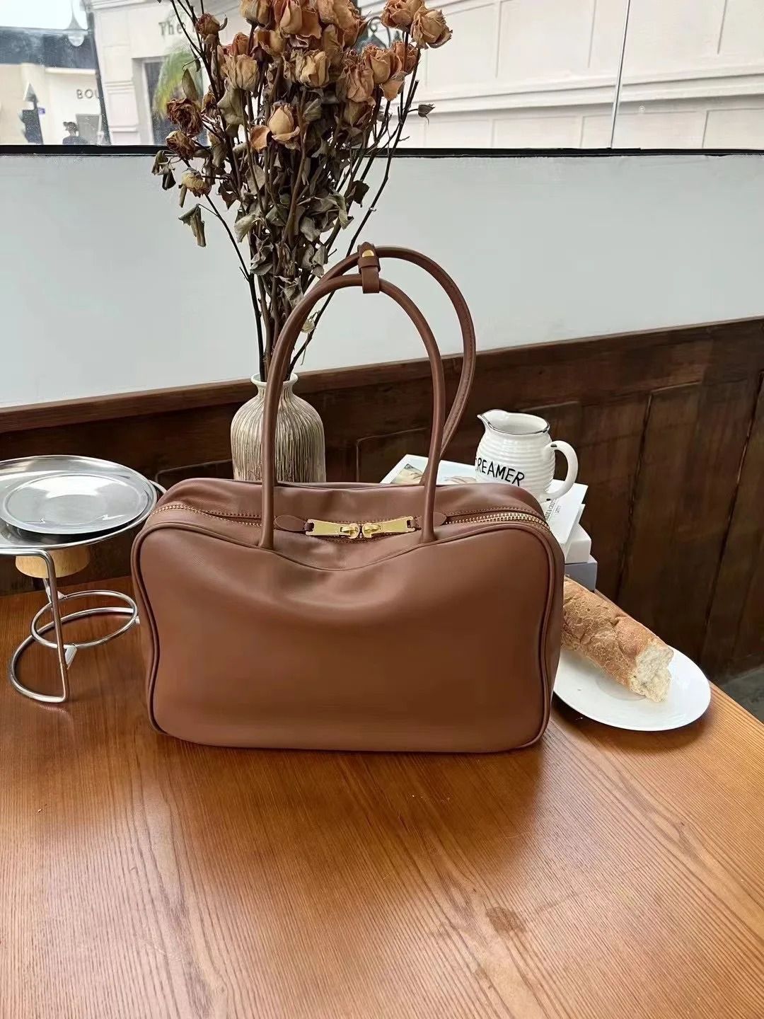 2024 genuine leather briefcase womens handbag retro Boston wallet bowling bag shoulder homeless bag 241212
