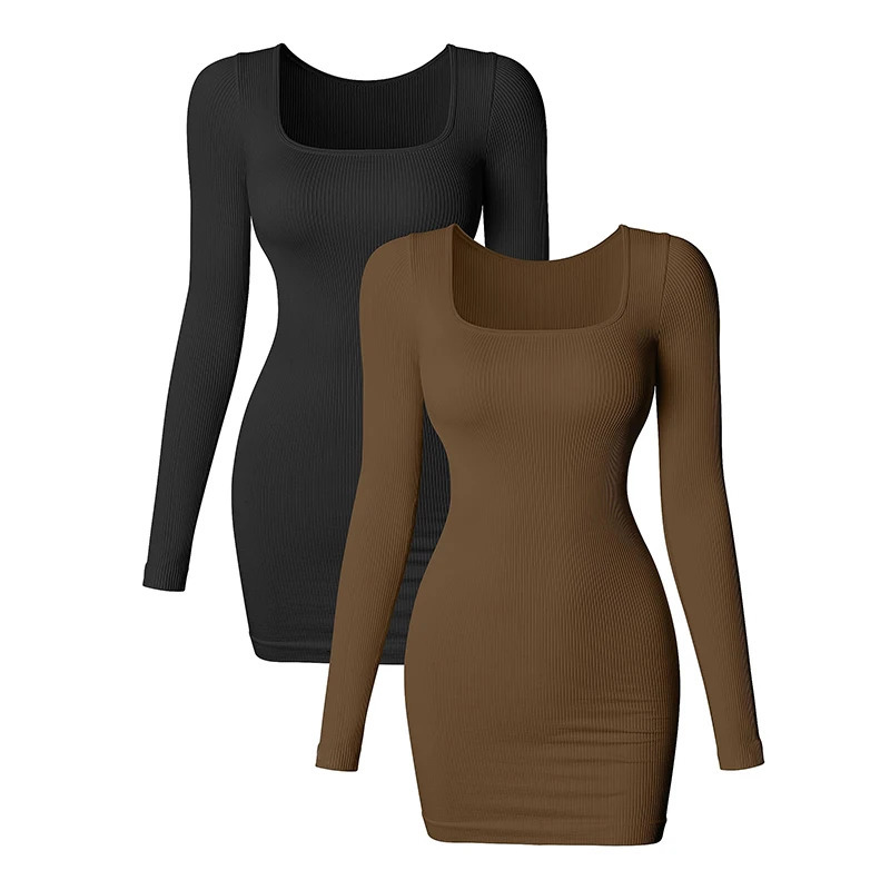 Womens Dress Sexy Ribbed Long Sleeves Square Neck Top Mini Bodycon Solid Color Knitted Hip Skirt 241212