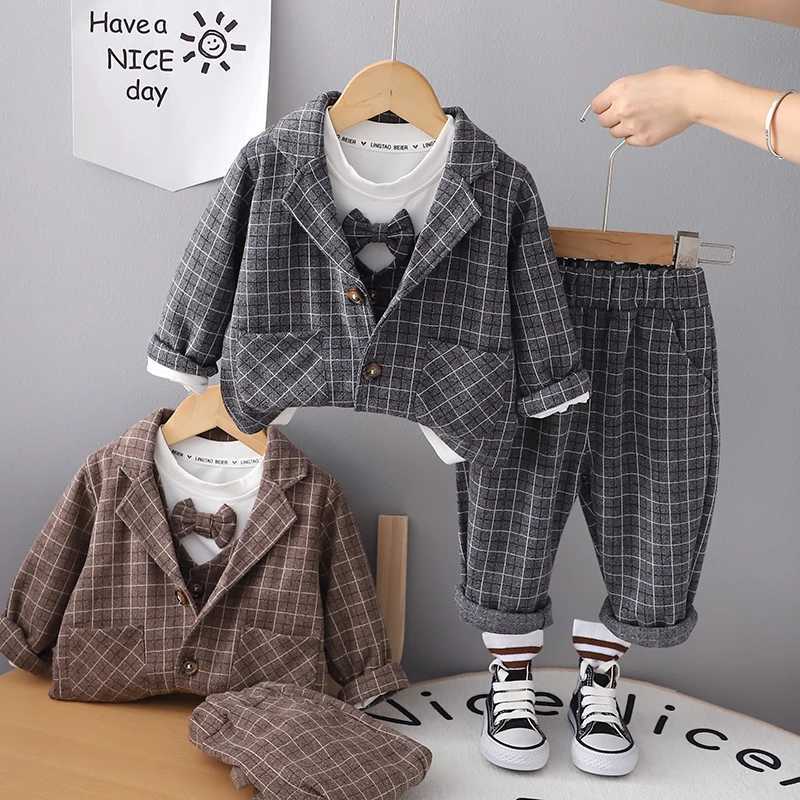 Clothing Sets Children Clothing Spring Autumn Baby Boys Wear Infant Lapel Plaid T-Shirt Pants 3pcs/sets Toddler Casual Suit 0-5 Years H241214
