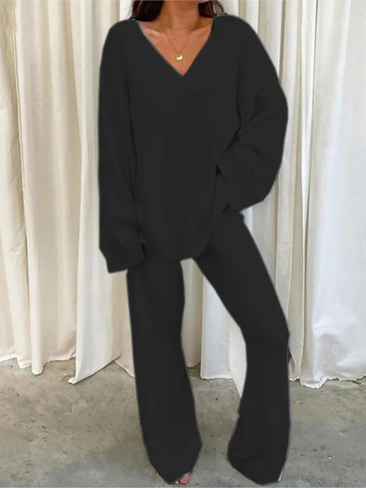 Winter Womens Comfortable Solid Color Sexy Vneck Casual Daily Home Warm Long Sleeved With Pocket Pants Twopiece Set 241203