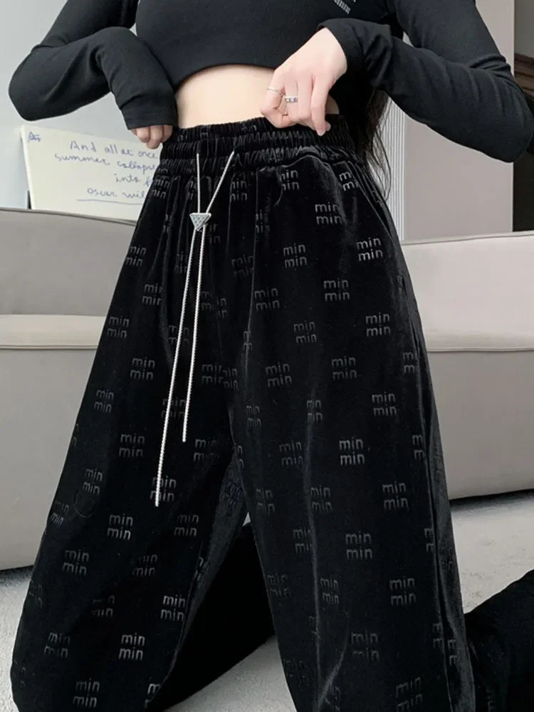 Velour High Waisted Pants Woman Print Wide Leg Belted Comfortable Elastic Waist Black Autumn Winter 2024 Fashion Clothing 241212