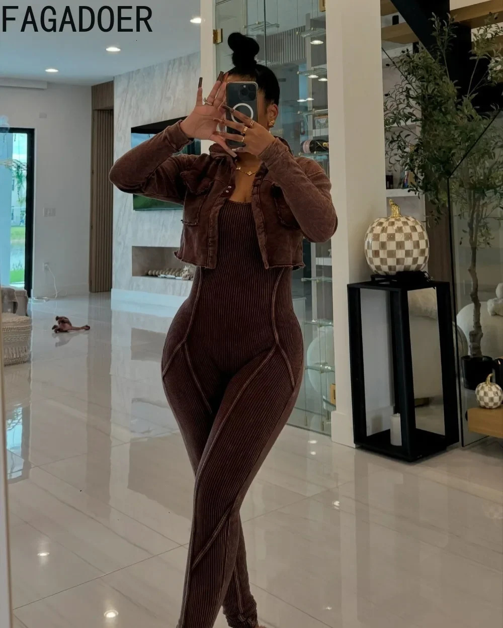FAGADOER High Quality Rib Women 2 Piece Set Outfit Fashion Long Sleeve Crop Jacket Bodycon Jumpsuits Suits Clothing 2025 241209
