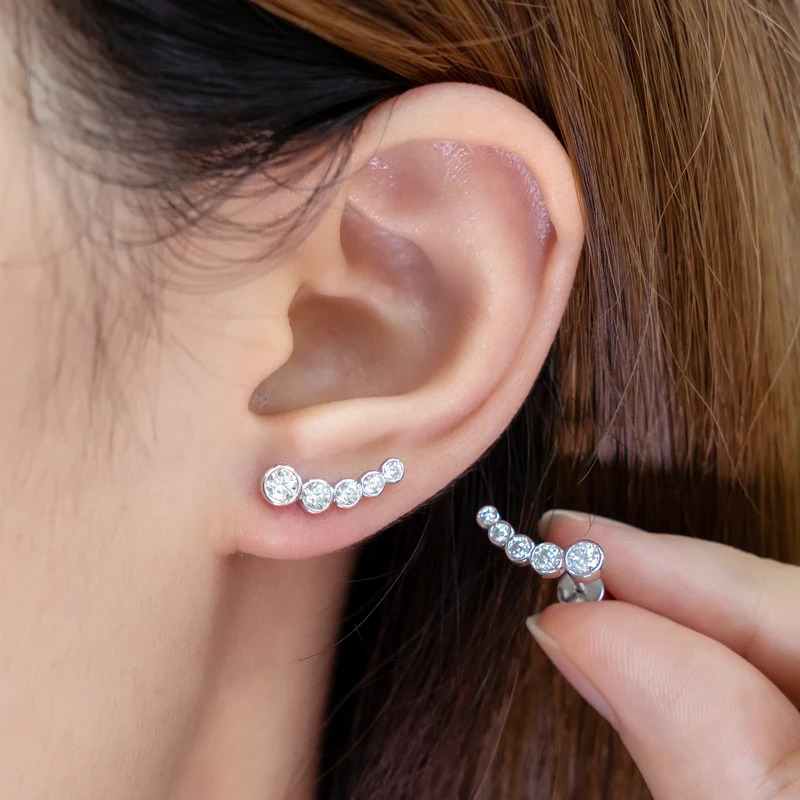 Anziw Earrings Climber with D0.43CT Bezel D Color Piercing Studs 100% 925 Silver for Women Jewelry GRA Certificate 241214