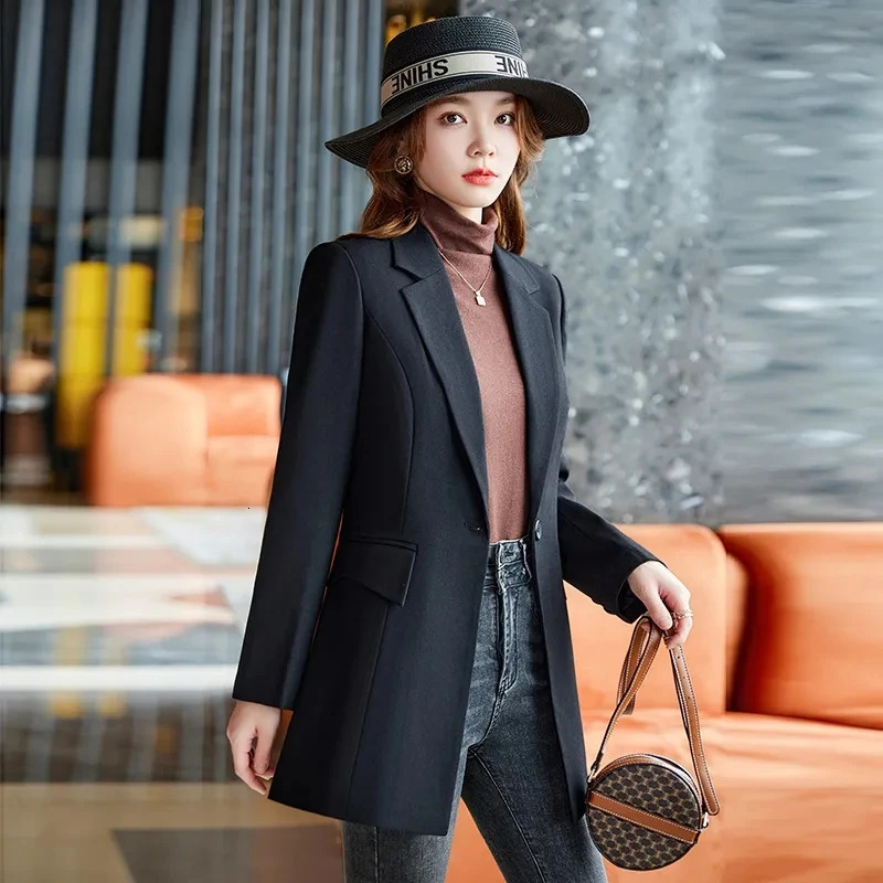 Autumn Winter Ladies Mid Long Blazer Women Single Button Black Purple Female Casual Jacket Coat Office Outerwear 241209