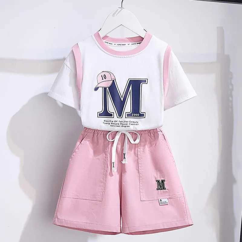 Clothing Sets Summer Teenage Girls Clothes Set Children Letter Printed Tshirts and Shorts 2pcs Suit Kid Fashion Top Bottom Outfits Tracksuits H241214