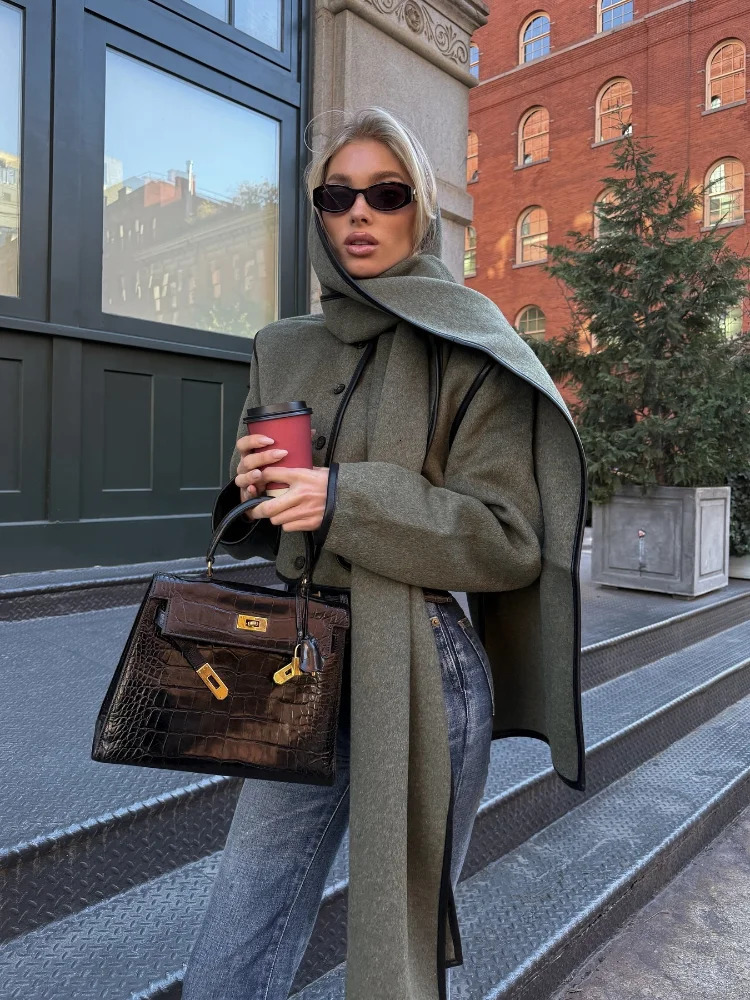 Fashion gray green scarf collar single chest short sleeved jacket for women matching edge pocket jacket autumn and winter street jacket 241214