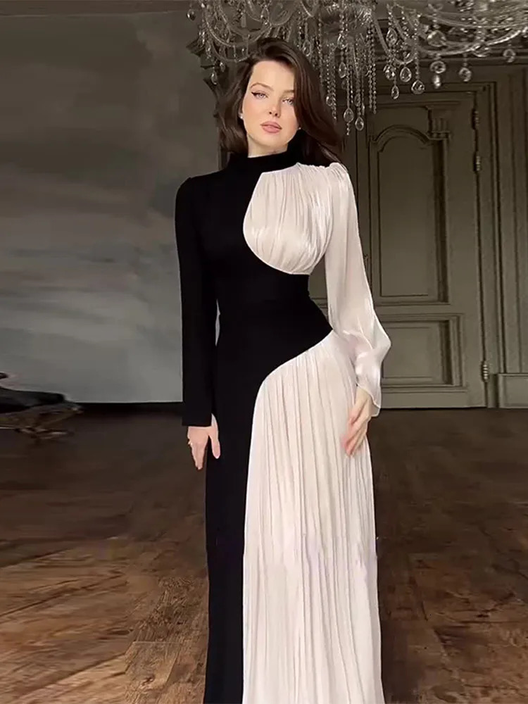 Fashion Contrasting Patchwork Mesh Maxi Dress Elegant Half High Collar Slim Waistband Long Sleeve Robe Lady Street Party Dresses 241212