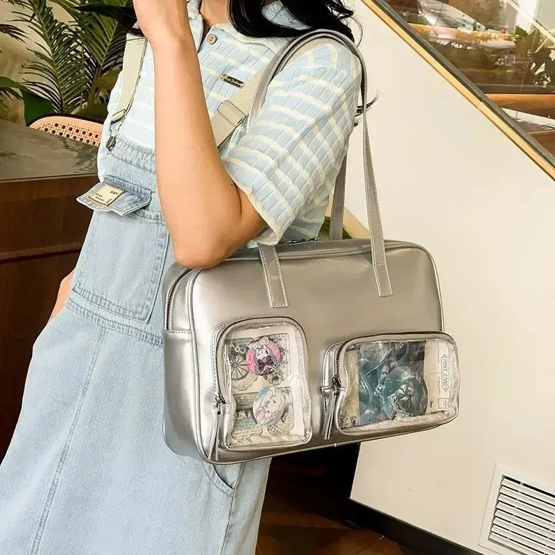 Xiuya Silvery Womens Handbag Lolita Fashion Edition Large Capacity Itabag 2024 Casual Pu Leather Underwear Shoulder Bag 241212