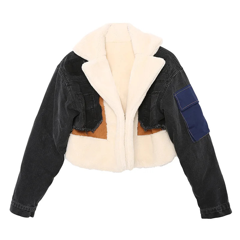 Womens paddle jacket denim spliced jacket winter cashmere lining thickened short bike jacket cotton jacket 241210