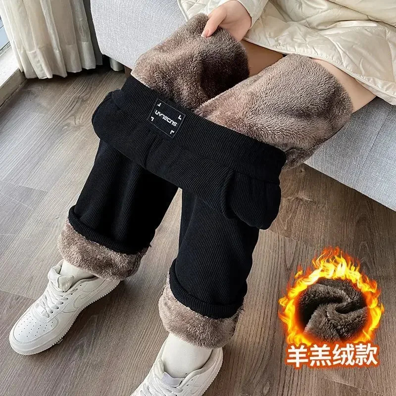 Korean Winter Wide Leg Pants Womens Autumn Plush Pants Womens Super Thick Cashmere Warm Straight Pants Womens Slow Running Pants 241211