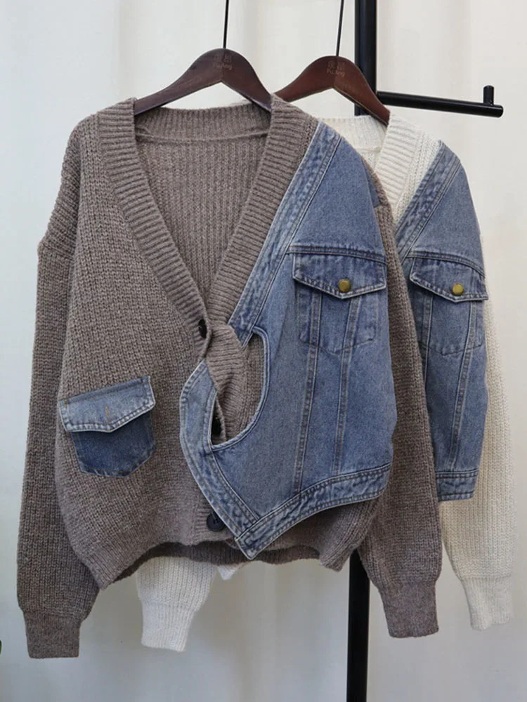 DEAT Spliced Denim Knitted Cardigan For Women Loose Casual Versatile Sweater Jacket Female Trend 2024 Autumn Items 33A2097 241214