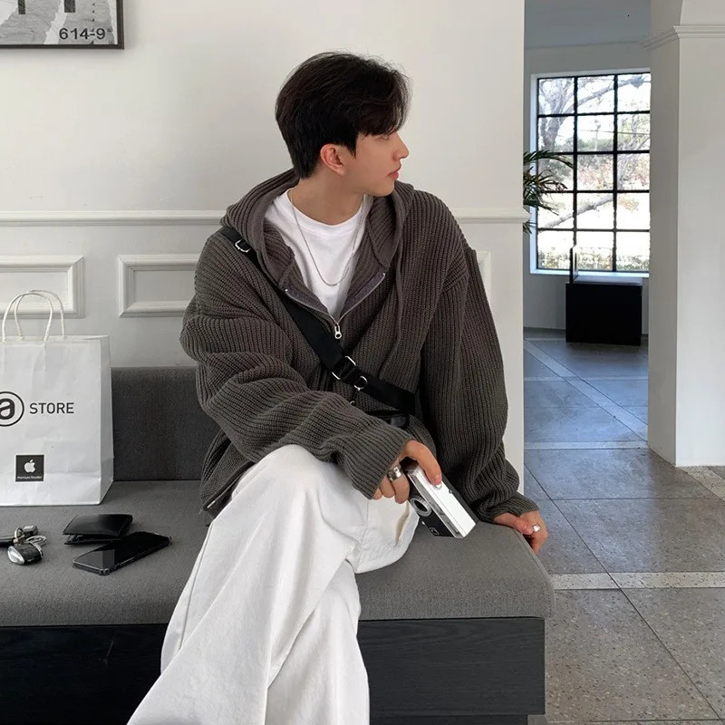 Winter Clothing Mens y Knitted Hooded Zipper Cardigan Sweater Long Sleeve Solid Color Hoodie Korean Knitwear 241209