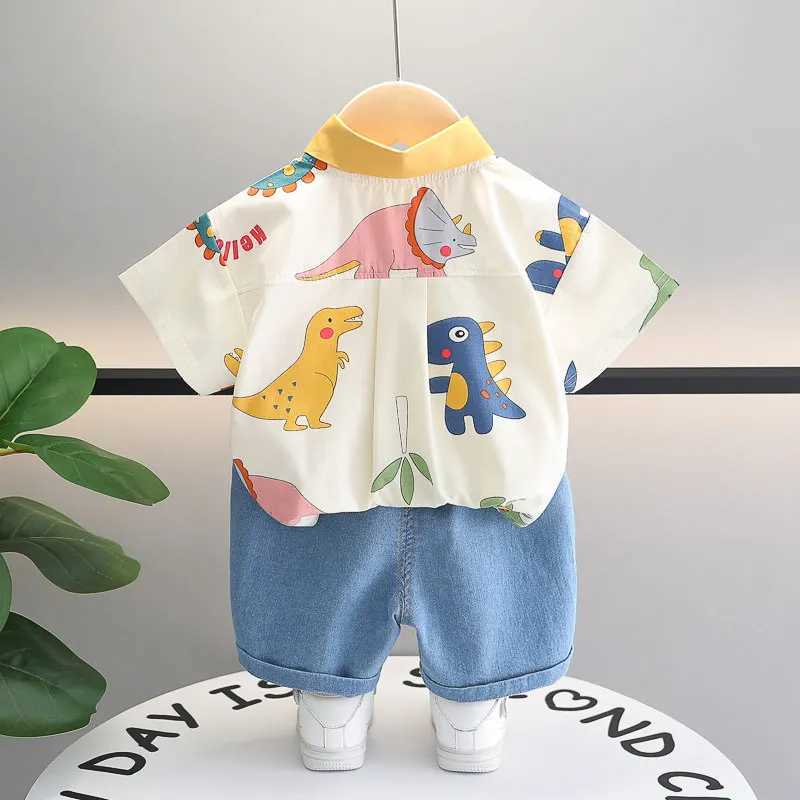 Clothing Sets Cotton Clothes Kids Boy Summer Children Print Dinosaur Shirts Denim Shorts 2Pcs/Set Kids Fashion Toddler Tracksuits 0-5 Years H241214
