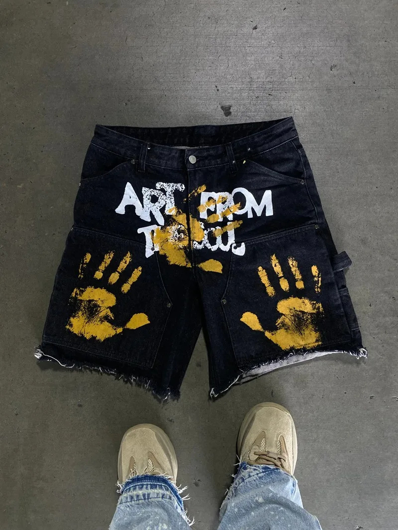 Hip-hop Punk Rock Cartoon Graffiti Print Jeans Men Y2k Harajuku Retro Personality High-waisted Washed Oversized Shorts Women 241213